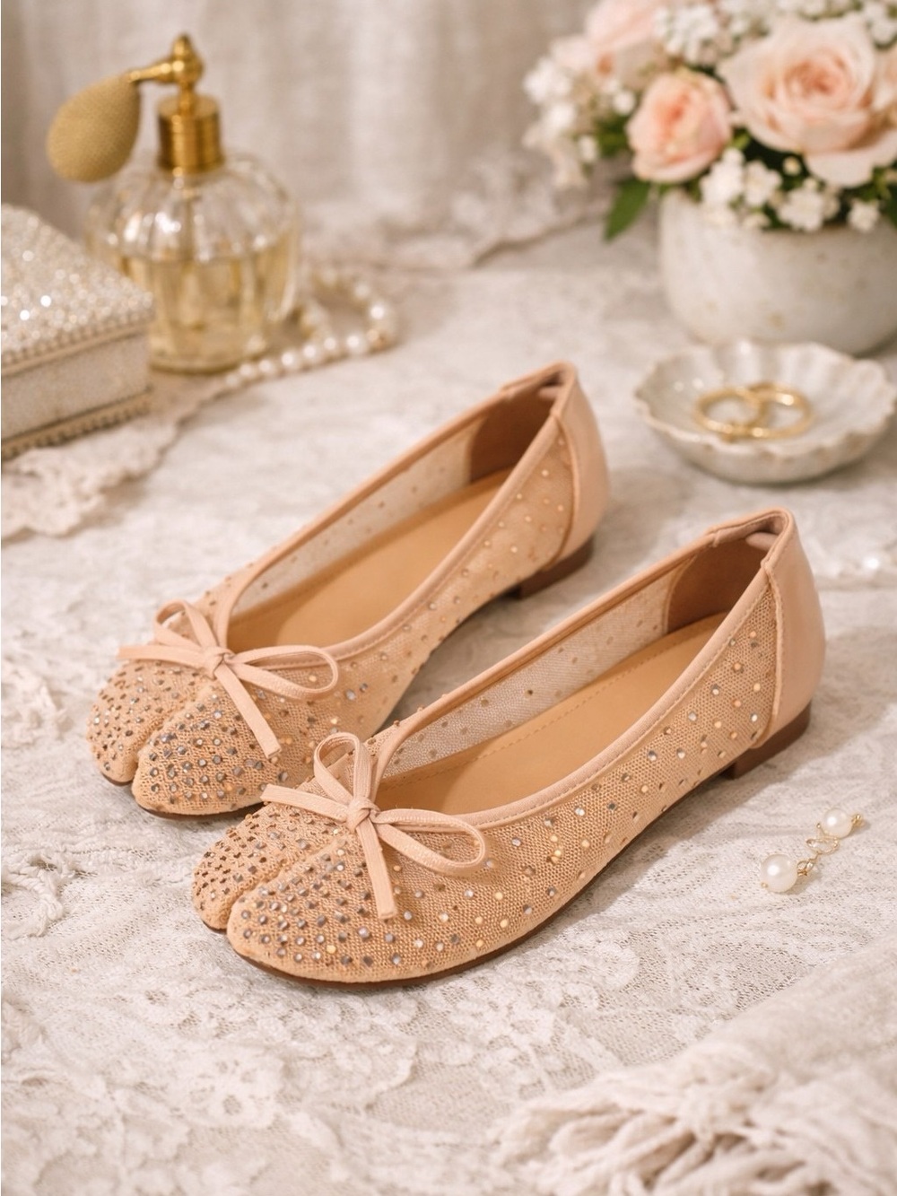 Azarayah Crystal Mesh Tabi Ballet Flat with Bow Detail
